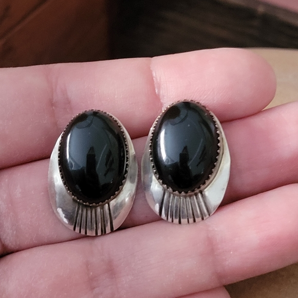 Vintage Sterling Silver Onyx Earrings